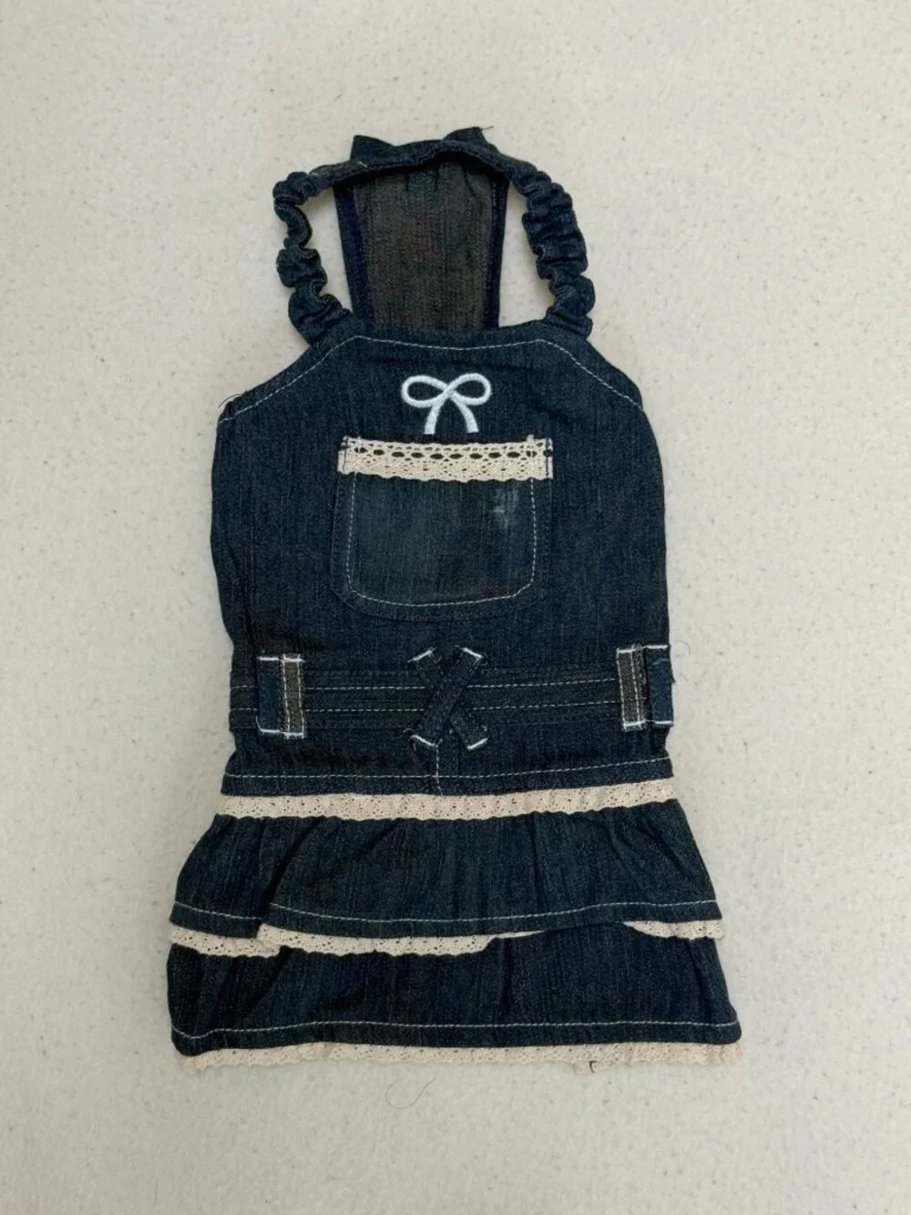 Cute Denim 2 Tier Ruffle w/ Lace Skirt Dog Dress w/ Pocket - Small / Medium